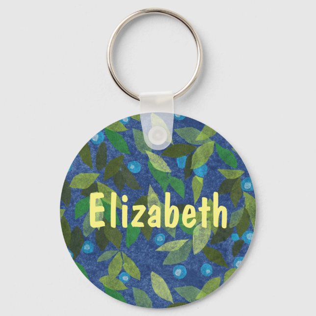 Blue Berries Minimal Floral Pattern Customized Tex Keychain (Front)