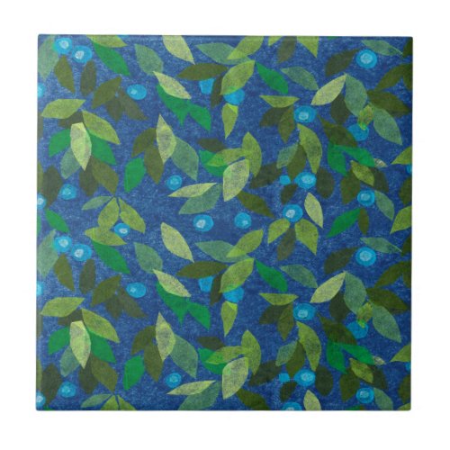 Blue Berries Minimal Floral Pattern Simple Botany Ceramic Tile