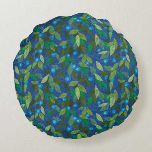 Blue Berries Minimal Floral Pattern Simple Botany Round Pillow