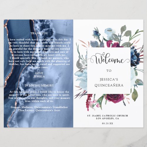 Blue Berry Floral and Agate Quinceaera Program