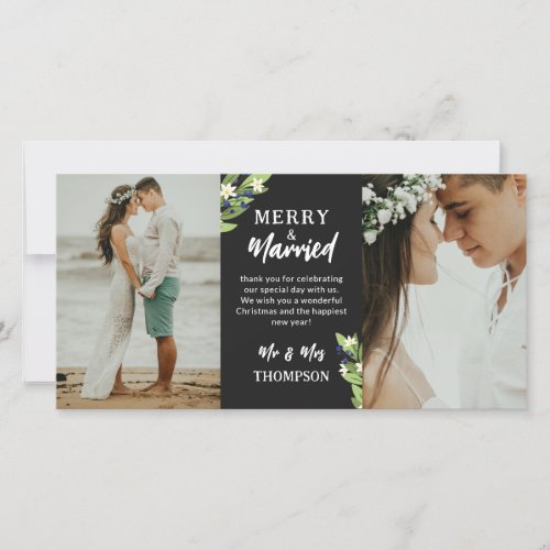 Blue Berry Floral Twigs Merry Married Christmas Thank You Card