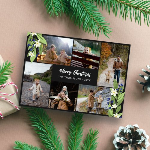 Blue Berry Greenery Photo Collage Merry Christmas Holiday Card