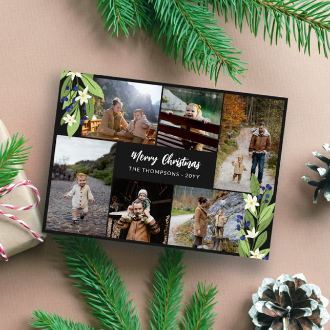 Blue Berry Greenery Photo Collage Merry Christmas Holiday Card (Creator Uploaded)