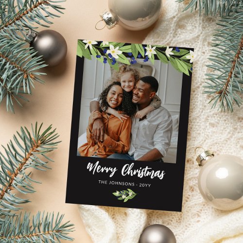 Blue Berry Greenery Photo Merry Christmas Holiday Card