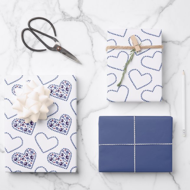 Blue Berry Hearts Wrapping Paper Sheets (Front)
