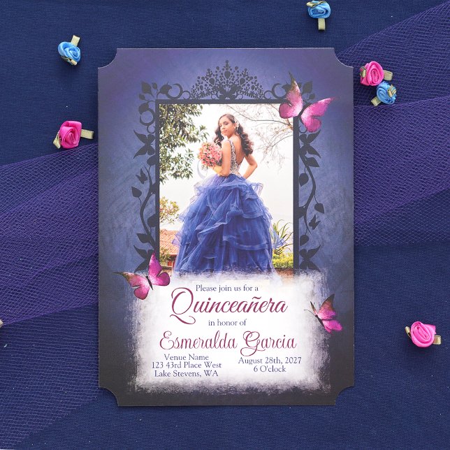 Blue, Berry Pink Butterflies Quinceanera Invitation (Blue Quinceanera Invitation with Pink Butterflies Decorative Vines Frame, Dark Blue, Navy Blue Quinc)