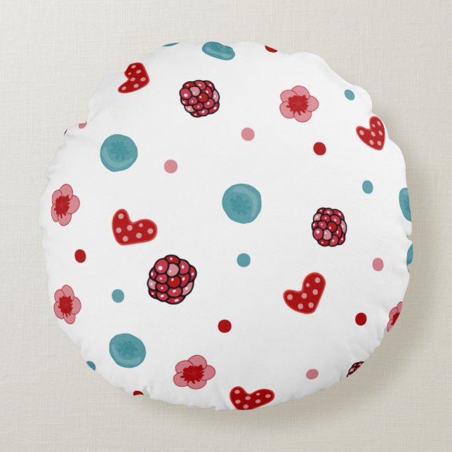Blue Berry & Raspberry Pattern Round Pillow (Front)