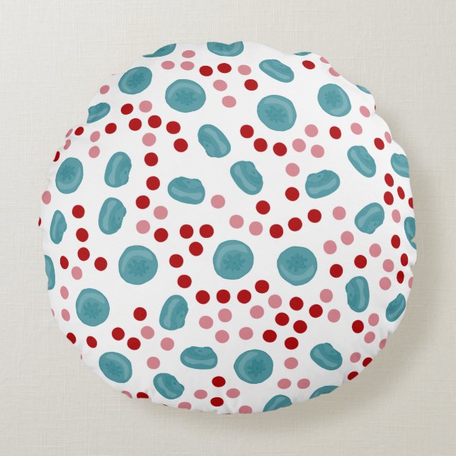 Blue Berry & Red Polka Dot Pattern Round Pillow (Front)