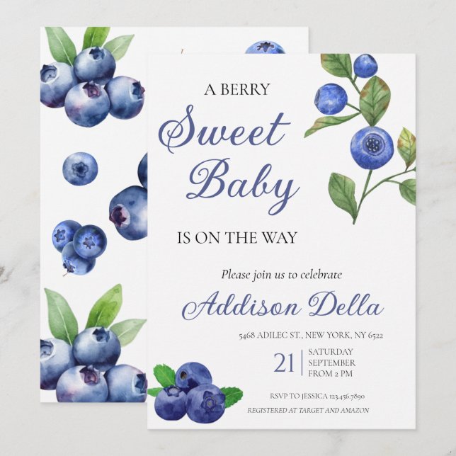 Blue Berry Sweet Baby Shower  Invitation (Front/Back)