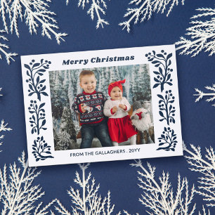 Blue Berry Twig Frame Merry Christmas Photo Letterpress Photo Cards