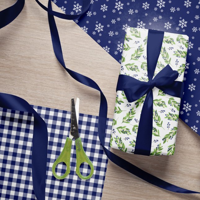 Blue Berry Twigs Snowflakes Holiday Patterns Wrapping Paper Sheets (Creator Uploaded)