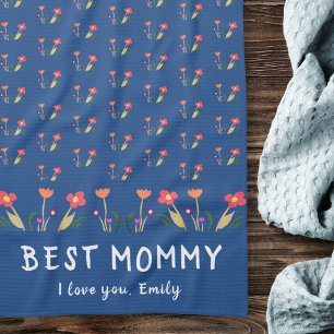 Blue Best Mom Flower Pattern Drawing Mother`s Day Kitchen Towel