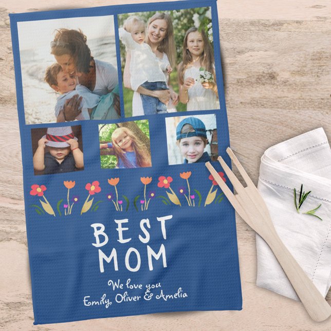 Blue Best Mom Flowers 5 Photo Collage Keepsake Kitchen Towel (Creator Uploaded)
