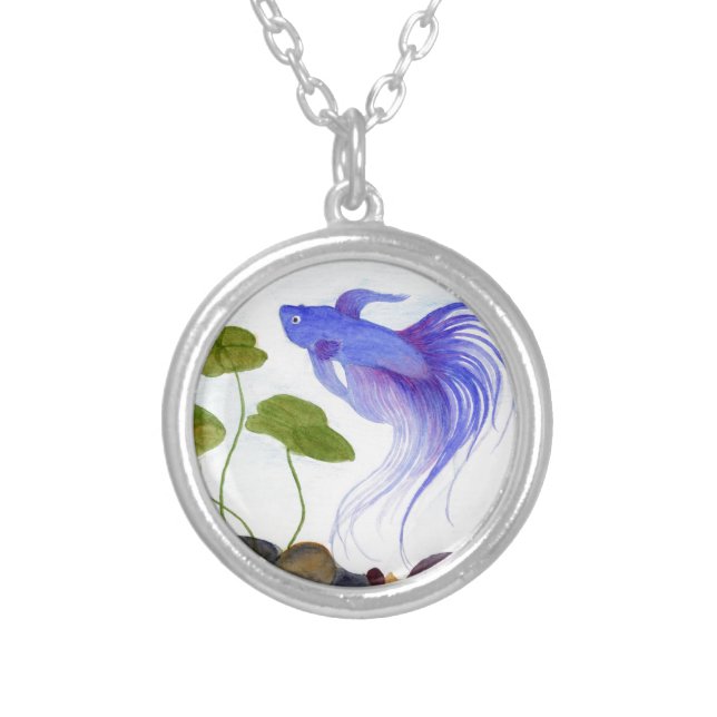 Blue Betta Fish Silver Plated Necklace (Front)