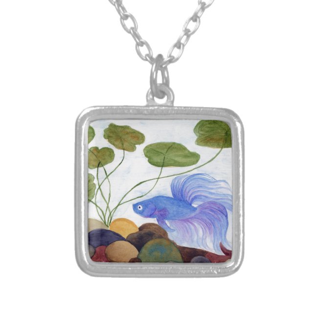 Blue Betta Fish Silver Plated Necklace (Front)