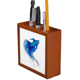 Blue Betta Fish Watercolor Desk Organizer