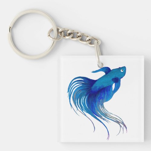 Blue Betta Fish Watercolor Keychain