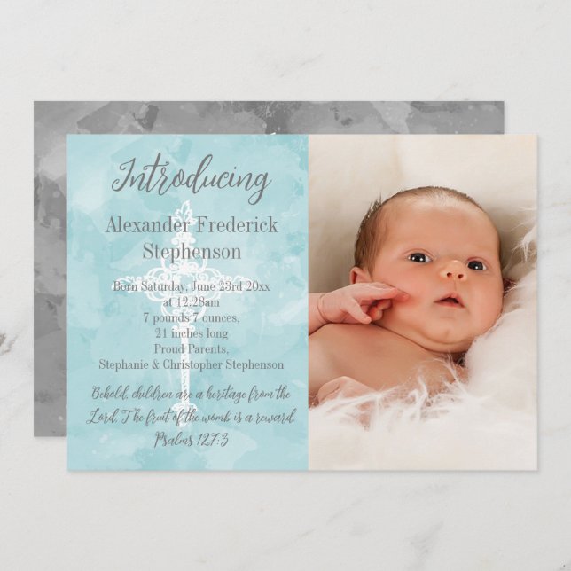 Blue Bible Verse Cross Baby Boy Photo Birth  Announcement (Front/Back)