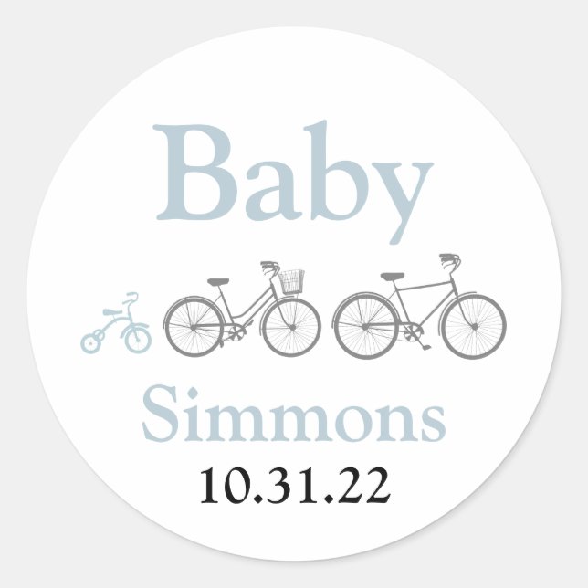 Blue Bicycle Baby Shower Classic Round Sticker (Front)