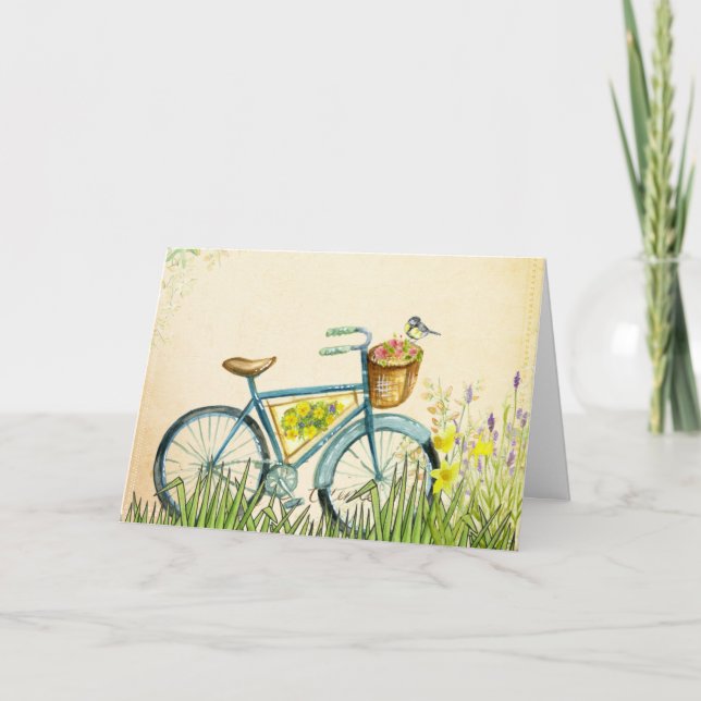 Blue Bicycle Basket Flowers & Yellow Bird Card (Front)