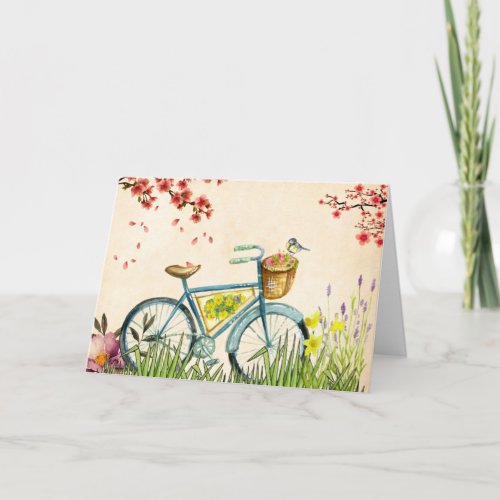 Blue Bicycle Basket Of Flowers  Yellow Bird Card