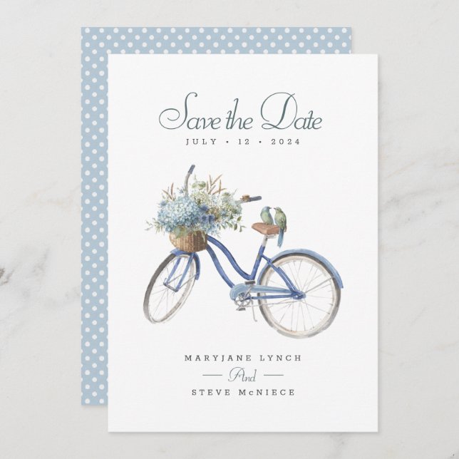 Blue Bicycle Bohemian Floral Watercolor Wedding Save The Date (Front/Back)