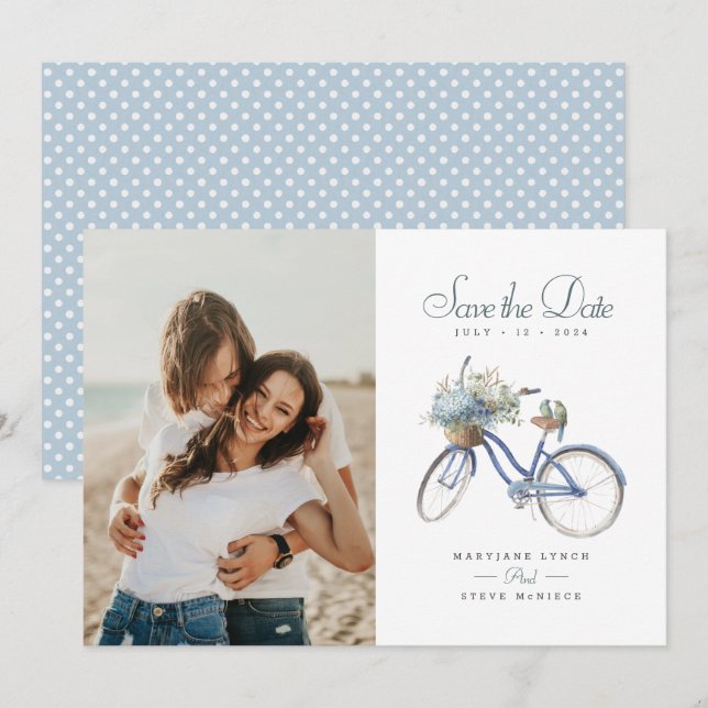 Blue Bicycle Bohemian Watercolor Wedding Photo Save The Date (Front/Back)