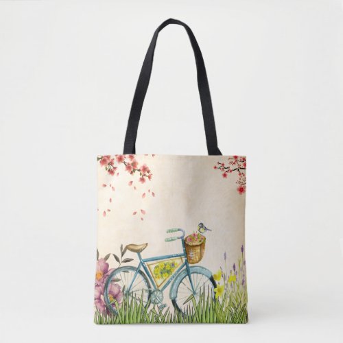 Blue Bicycle Pink Flowers Tote Bag