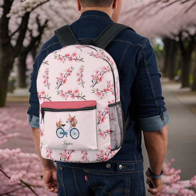 Blue Bicycle Pink  Sakura Cherry Blossoms Monogram Printed Backpack (Creator Uploaded)