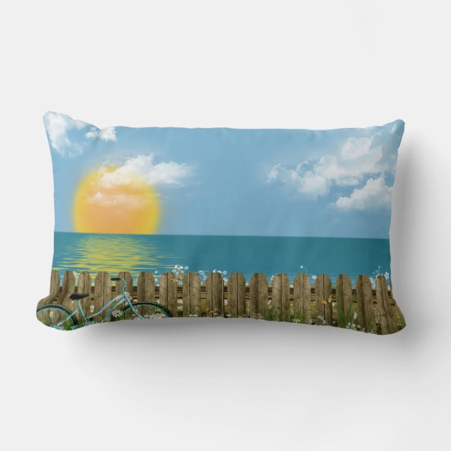 blue bicycle with sunset reflection over water lumbar pillow (Front)