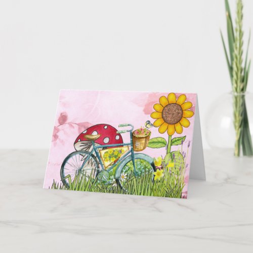 Blue Bicycle Yellow Sunflower Mushroom  Bird Card