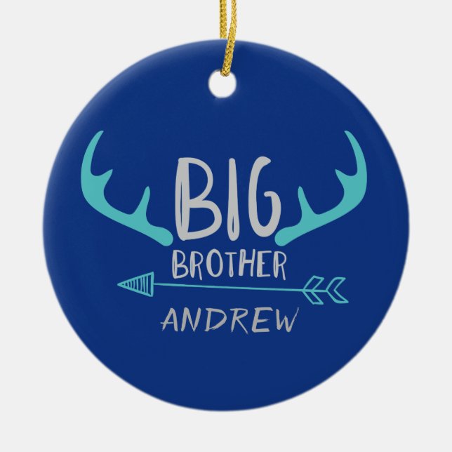 Blue Big Brother Antler Personalized Arrow Ceramic Ornament (Front)