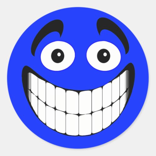 Blue Big Grin Face Classic Round Sticker