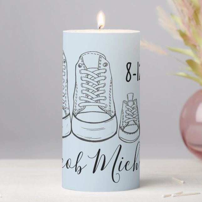 Blue Big Little Shoes Baby Shower Centerpiece Pillar Candle (In Situ)