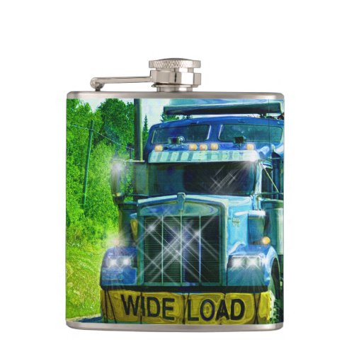 Blue Big Rig Truckers Lorry  Highway Truck Hip Flask