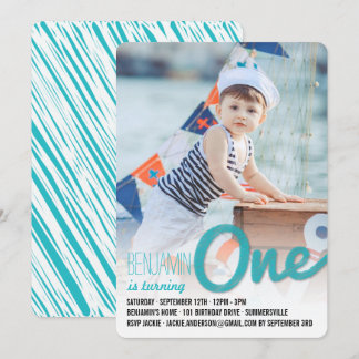 Blue Big Sketch One Baby Boy First Birthday Party Invitation