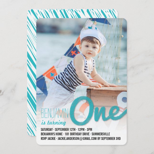 Blue Big Sketch One Baby Boy First Birthday Party Invitation (Front/Back)