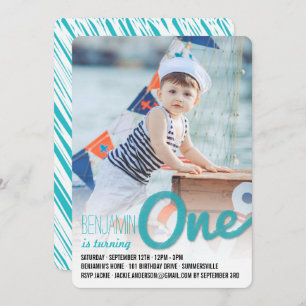 Blue Big Sketch One Baby Boy First Birthday Party Invitation