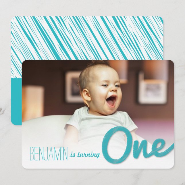 Blue Big Sketch One Baby Boy's 1st Birthday Party Invitation (Front/Back)