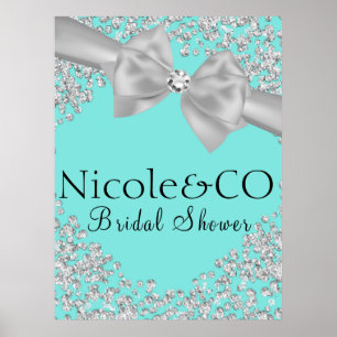 Blue Big White Bow Diamonds Bridal Shower Poster