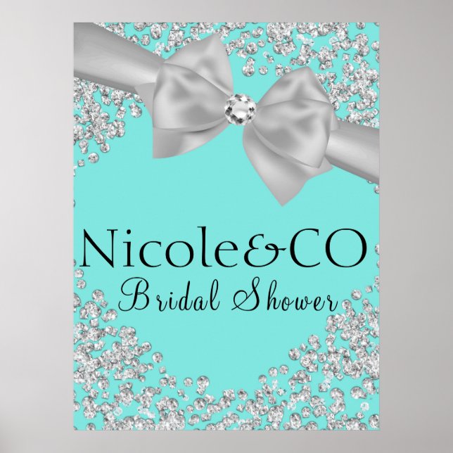 Blue Big White Bow Diamonds Bridal Shower Poster (Front)