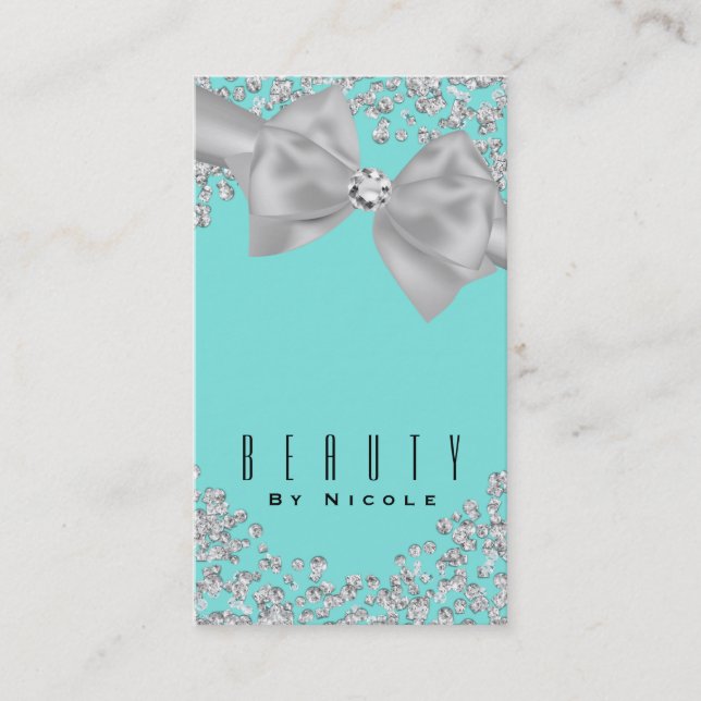 Blue Big White Bow Diamonds Chic Wedding Business Card (Front)