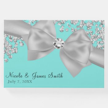 Blue Big White Bow Diamonds Chic Wedding Guest Book by printabledigidesigns at Zazzle