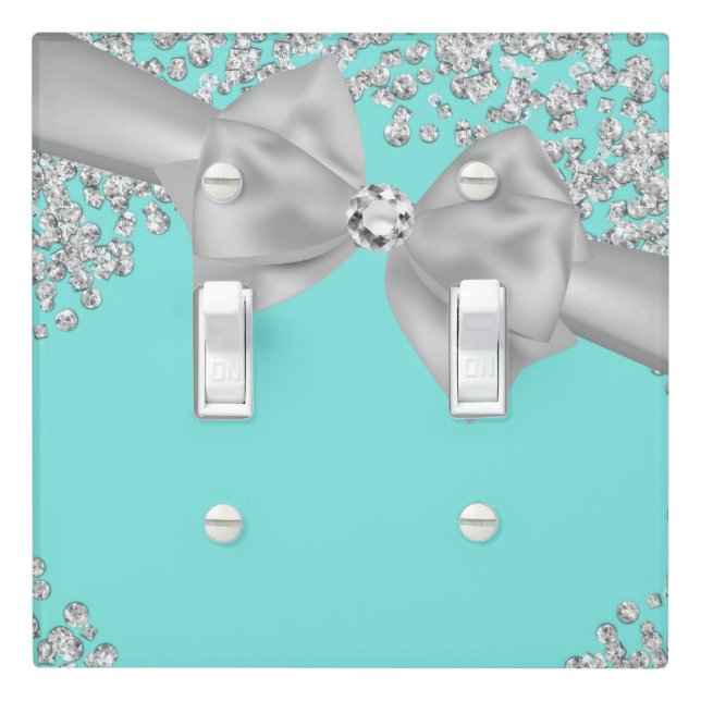 Blue Big White Bow Diamonds Glam Custom Light Switch Cover (In Situ)