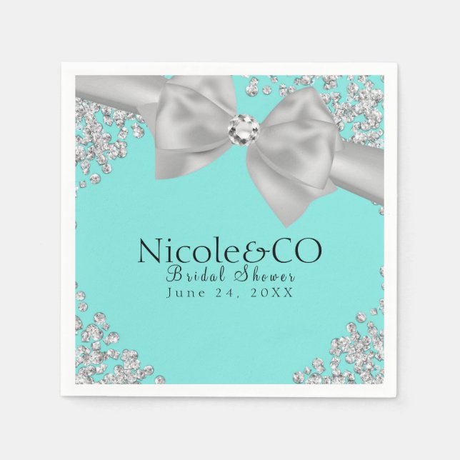 Blue Big White Bow Diamonds Glam Party Paper Napkins (Front)