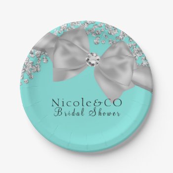 Blue Big White Bow Diamonds Glam Party Paper Plates by printabledigidesigns at Zazzle