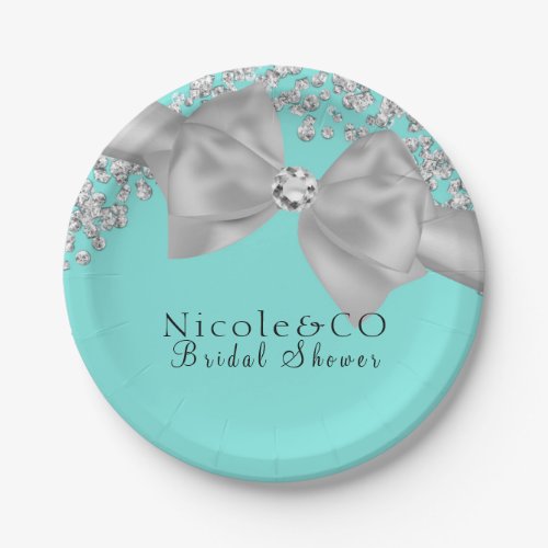 Blue Big White Bow Diamonds Glam Party Paper Plates