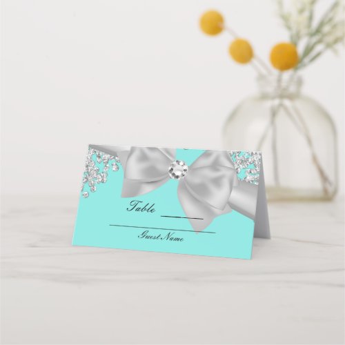 Blue Big White Bow Diamonds Glam Table Place Card