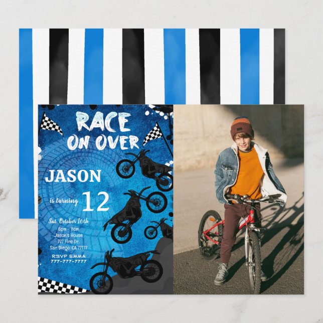 Blue Bike Birthday Photo Invitation  (Front/Back)