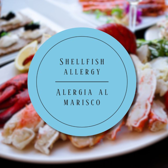 Blue Bilingual Shellfish Allergy Alert Spanish Classic Round Sticker (Bilingual Shellfish allergy warning sticker, Spanish & customizable text. Multilingual Project)